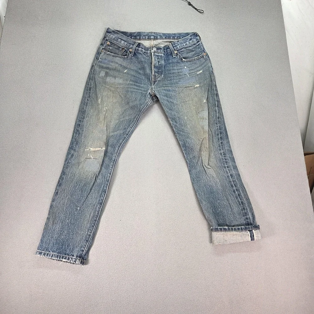 Levis 501 Jeans Mens Selvedge Straight Button Fly Distressed Fits‎ 30x27